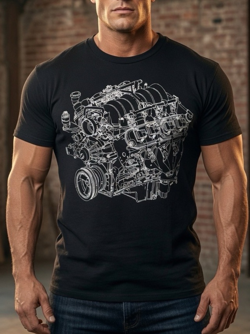 Black Chevy LS V8 Engine Blueprint Graphic T-Shirt – Size XL